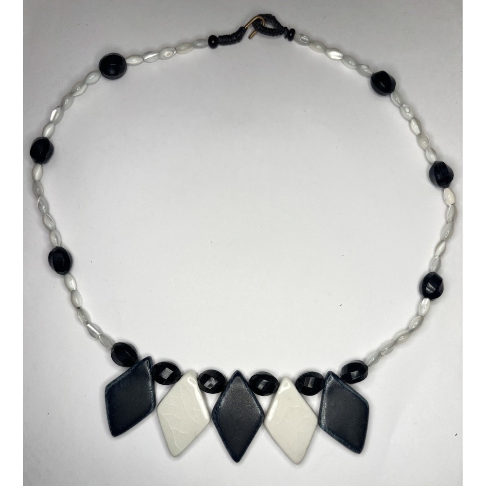 Vintage Ceramic Diamond MOP Statement Necklace 18" Black White Geometric
